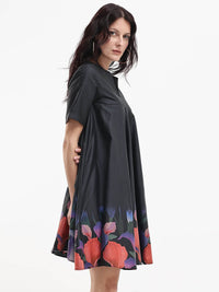RAREISM Black Floral V-Neck Short Sleeves A-Line Women Cotton Dress