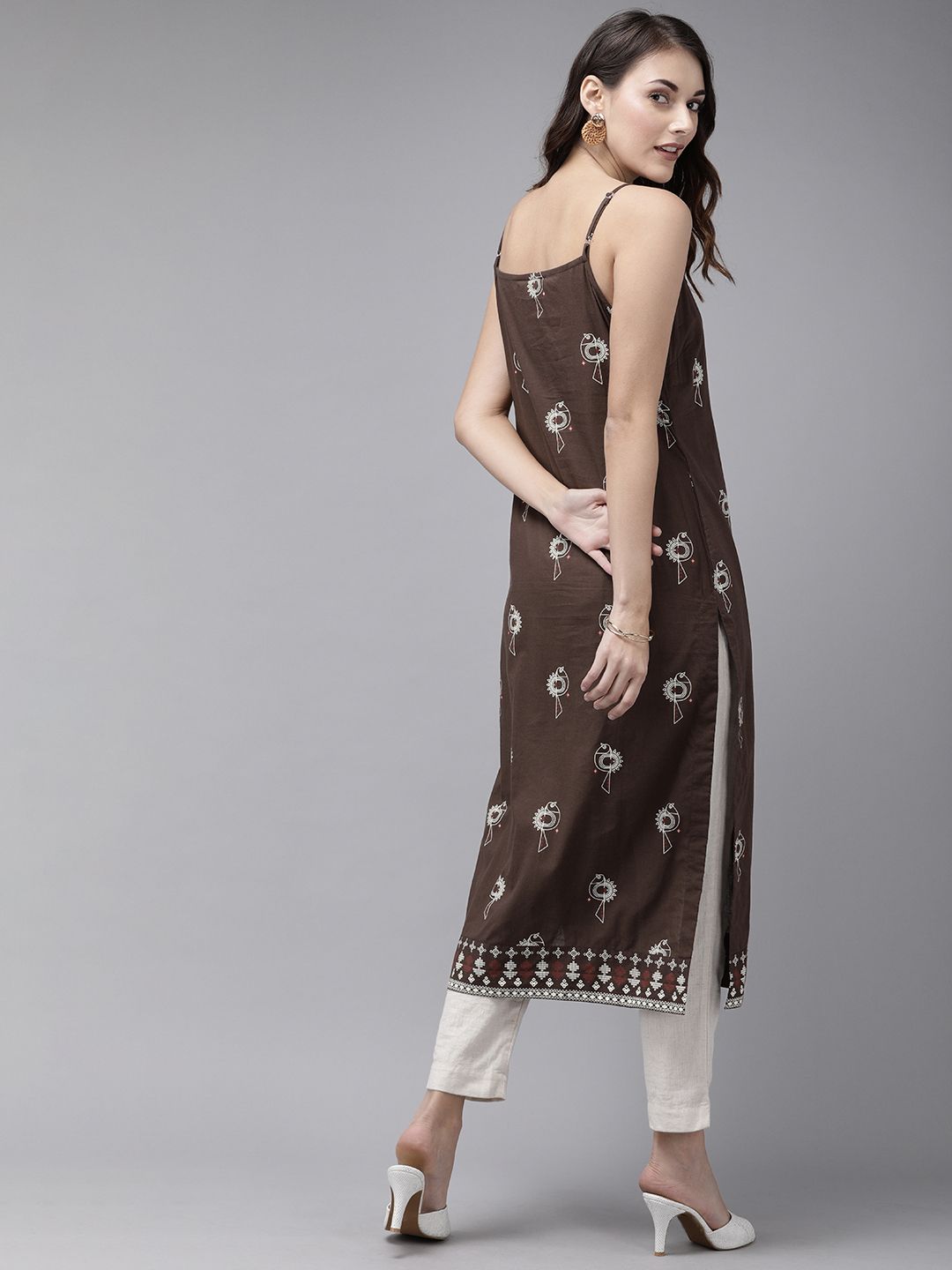 Anouk Women Coffee Brown & Beige Ethnic Motifs Print Straight Kurta with Tasselled Detail