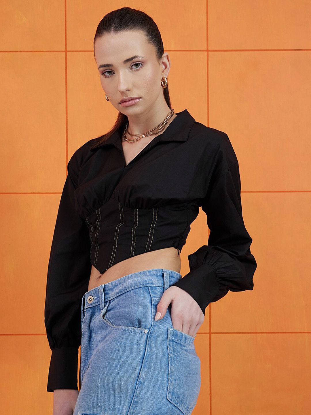 STREET 9 Black Shirt Collar Cuffed Sleeves Pure Cotton Crop Empire Top