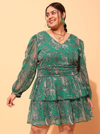 CURVY STREET Plus Size Green & white Printed V Neck Puff Sleeves Fit & Flare Dress