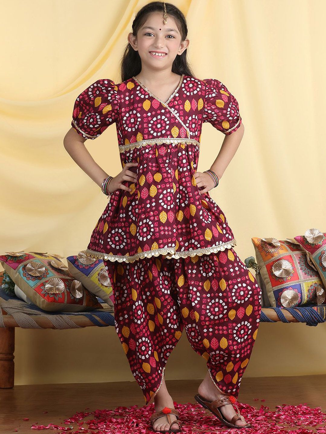 Cutiekins Girls Bandhani Printed Angrakha Gotta Patti Kurta with Dhoti Pants