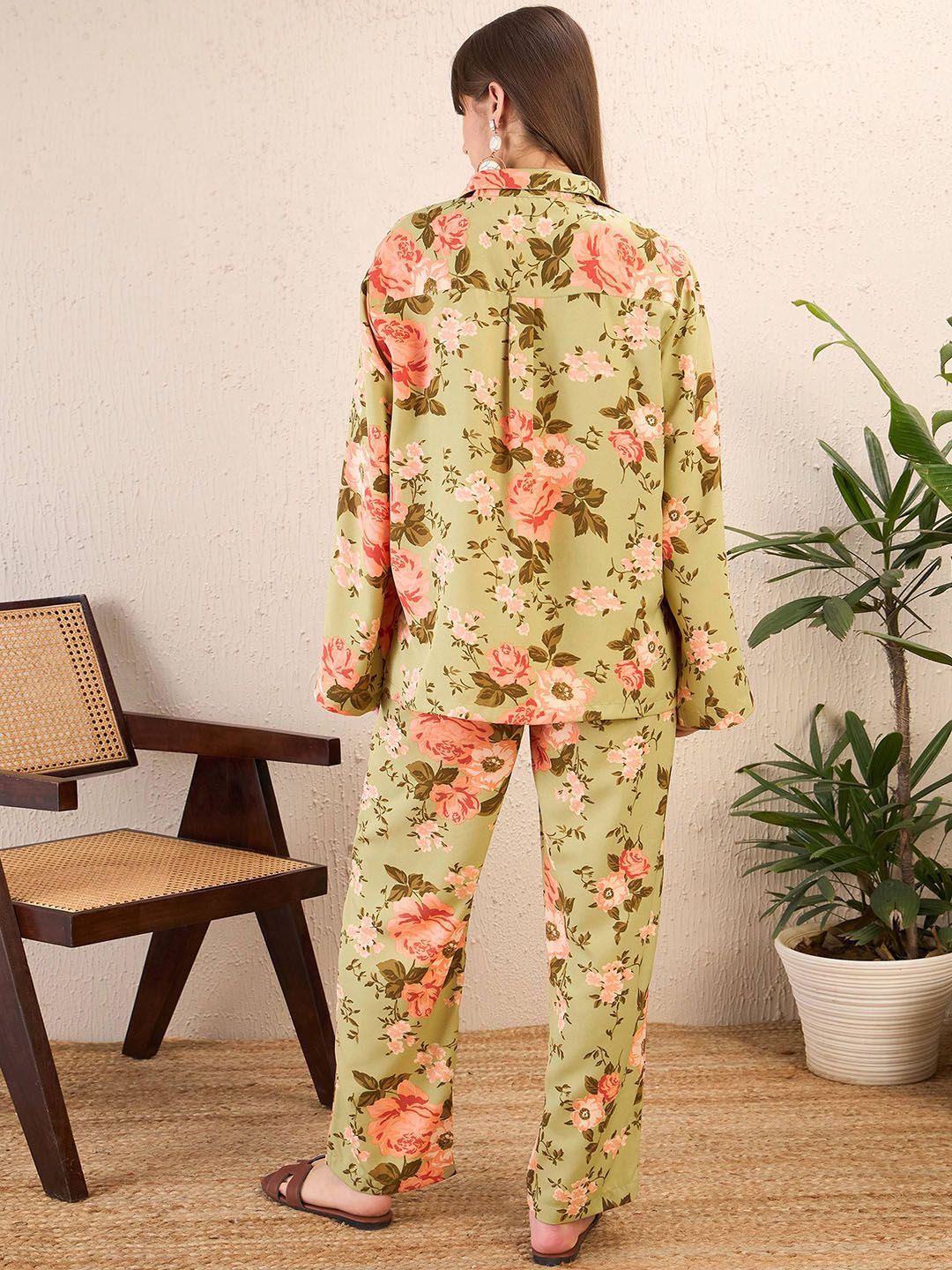 SASSAFRAS Olive Green Floral Printed Shirt & Trousers