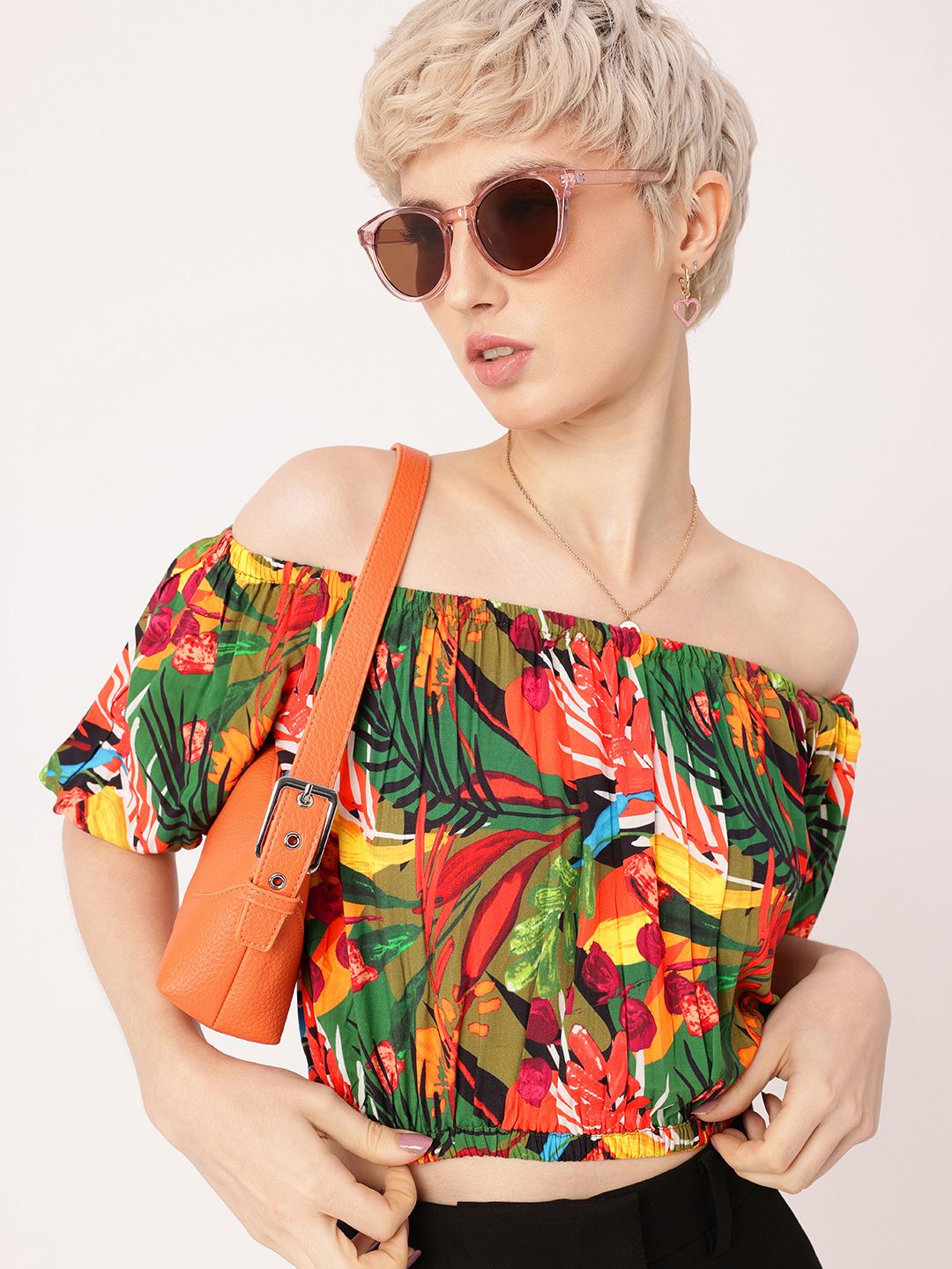 DressBerry Aloha Paradise Tropical Bardot Crop Top