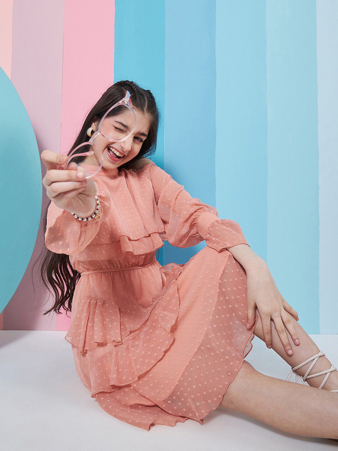 pspeaches Girls Self Design Halter Neck Bell Sleeves Cut Out Layered Ruffled A-Line Dress