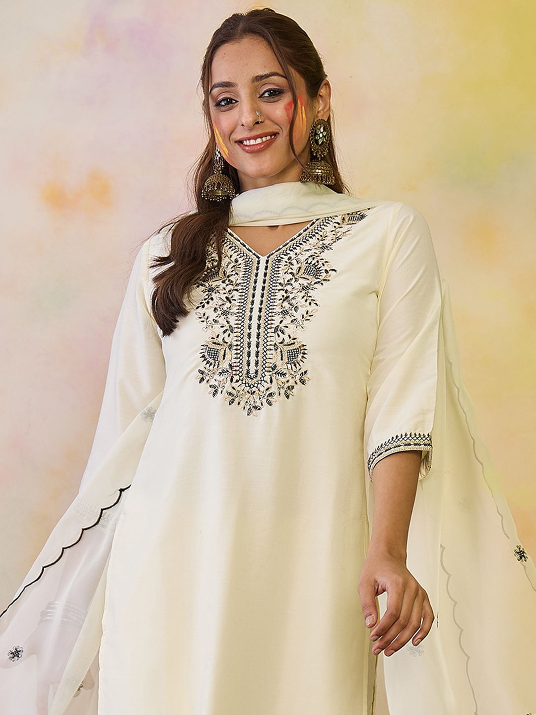 Indo Era Ethnic Motifs Embroidered Zari Kurta With Trousers & Dupatta