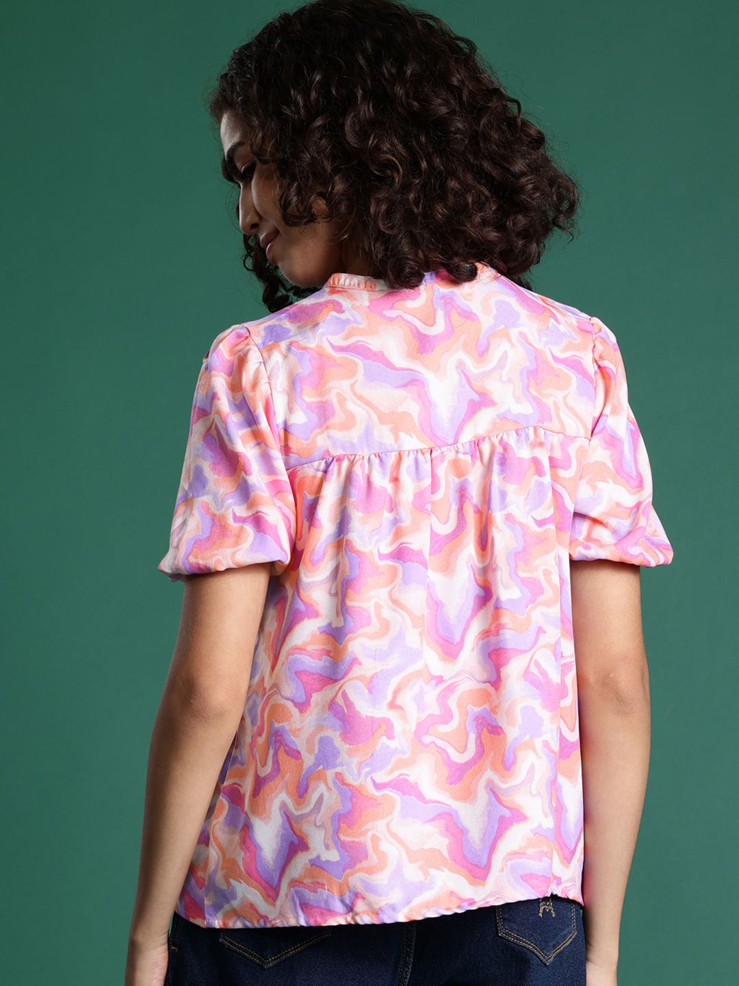 DressBerry Printed Tie-Up Neck Puff Sleeve Top