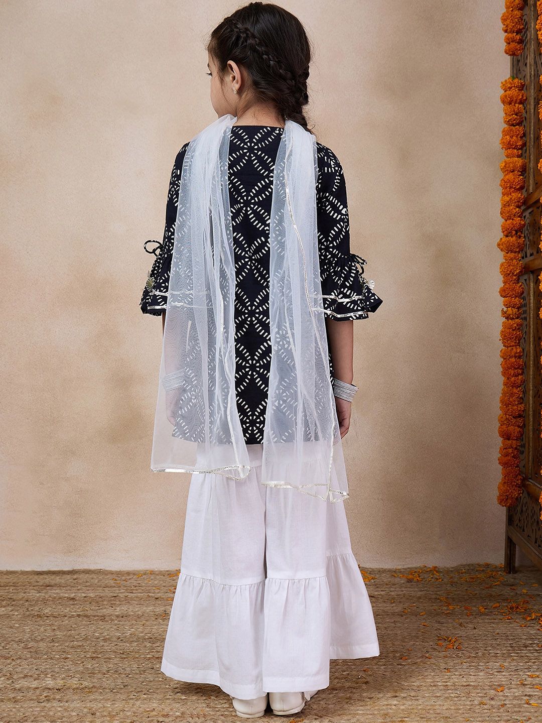 pspeaches Girls Ethnic Motifs Printed Flared Sleeves Straight Kurta With Sharara & Dupatta