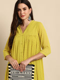 Janasya Women Mustard Chiffon Self Design Front Slit Kurta