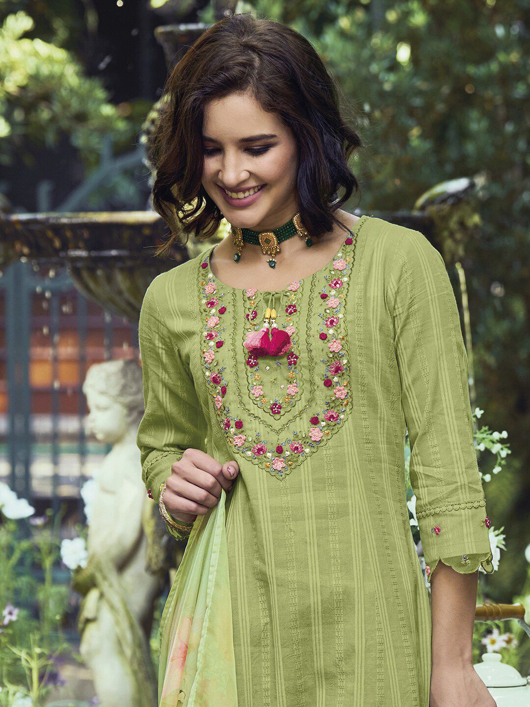 Indo Era Green & Pink Floral Embroidered Pure Cotton Kurta With Trousers & Dupatta