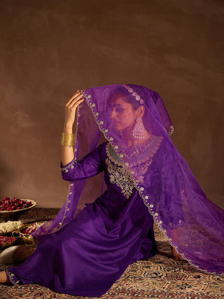 Indo Era Purple Ethnic Motifs Zari Embroidered Kurta with Trousers & With Dupatta