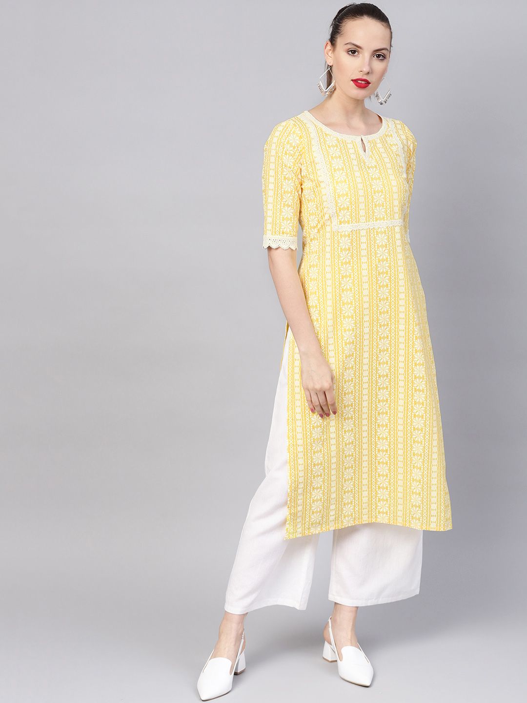 Libas Women Yellow & White Block Print Straight Kurta