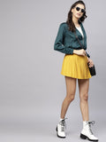 STREET 9 Women Teal Green Solid Satin Cropped Bomber Jacket