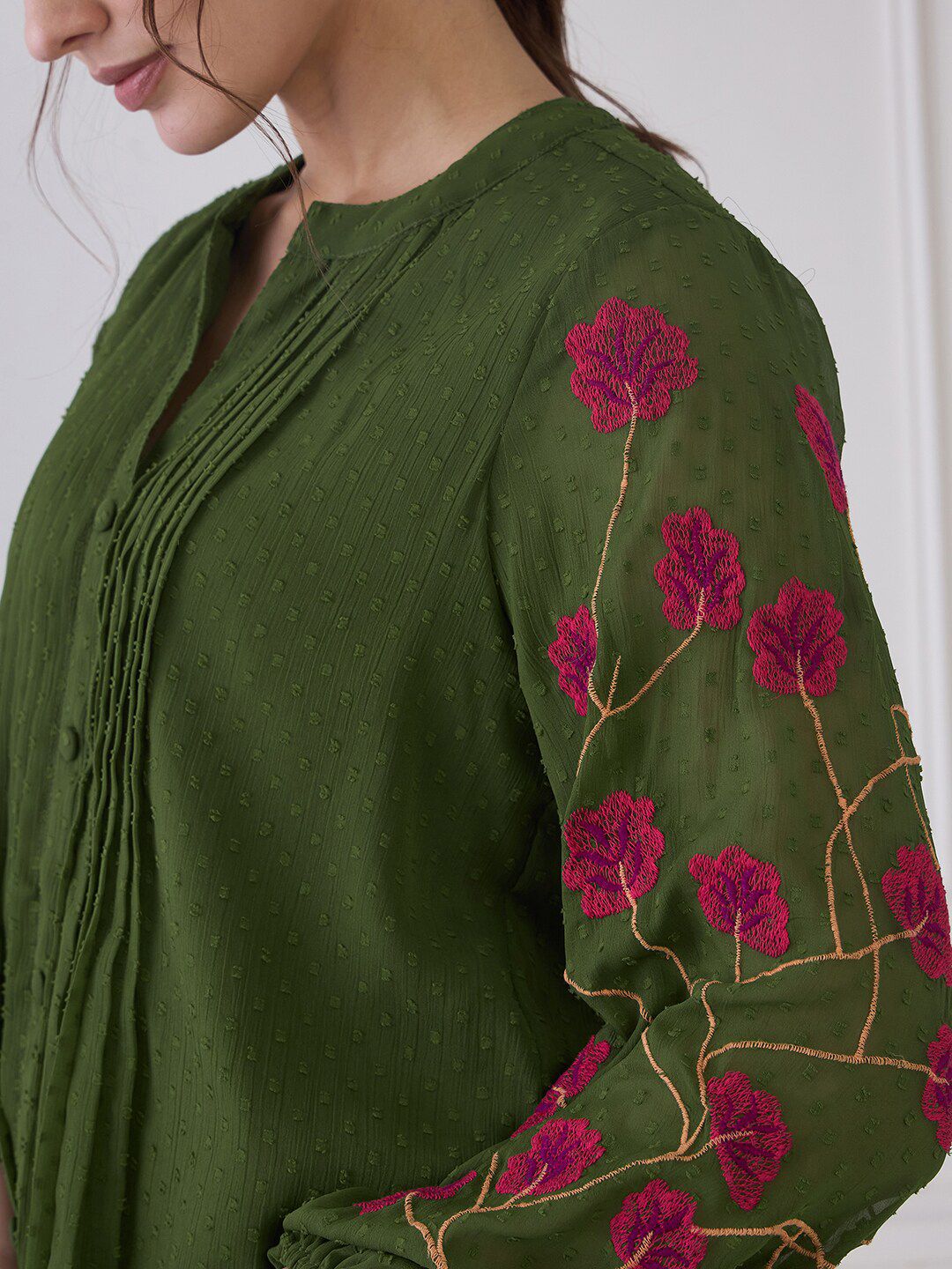 Antheaa Green Self Design Mandarin Collar Puff Sleeves Embroidered Chiffon Shirt Style Top