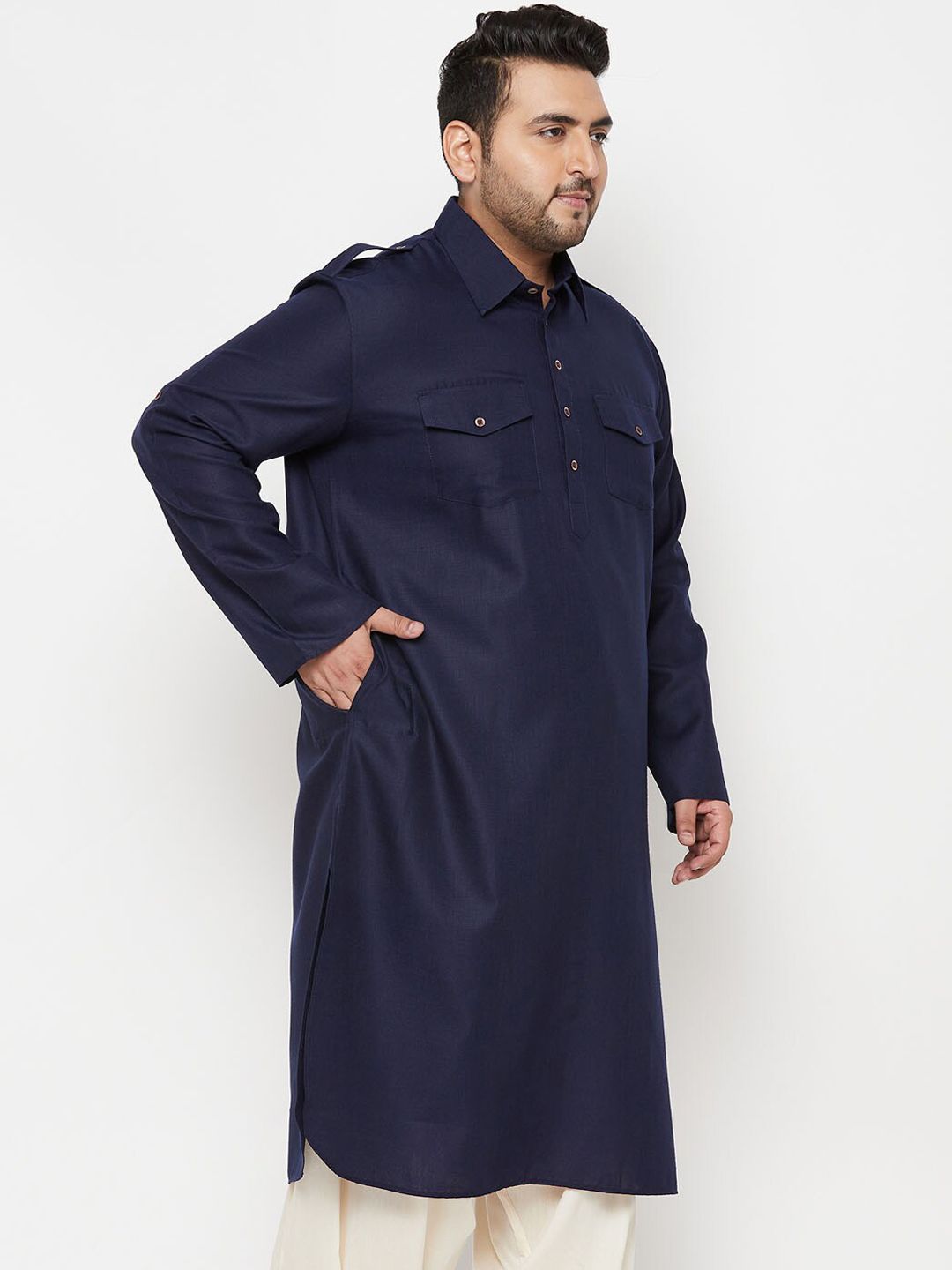 VASTRAMAY Plus Size Men Blue Solid Pathani Kurta