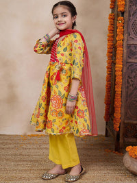 pspeaches Girls Floral Printed V-Neck Anarkali Kurta With Trousers & Dupatta