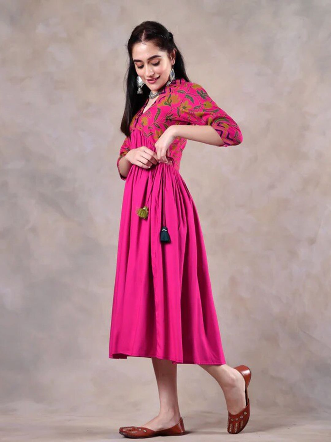 Rustorange Women Pink Floral Rayon A-Line Midi Dress