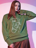 STREET 9 Olive Green Graphic Printed High Neck Cotton Sweatshirt