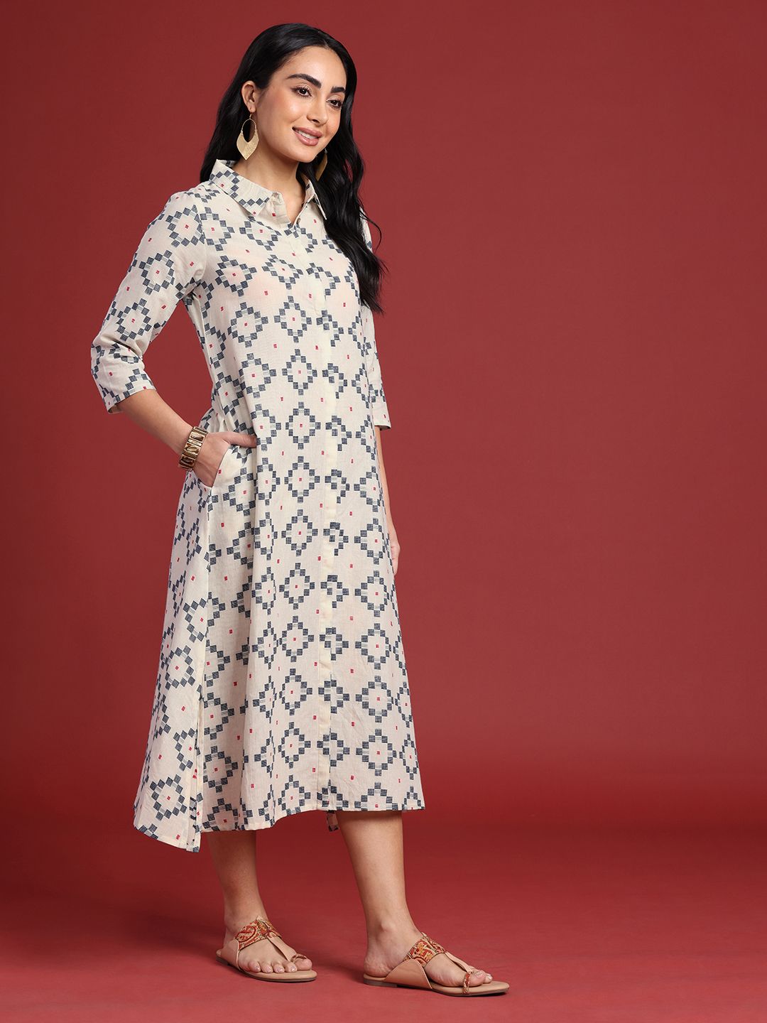 Anouk Woven Design Pure Cotton Shirt Style Ethnic Dress