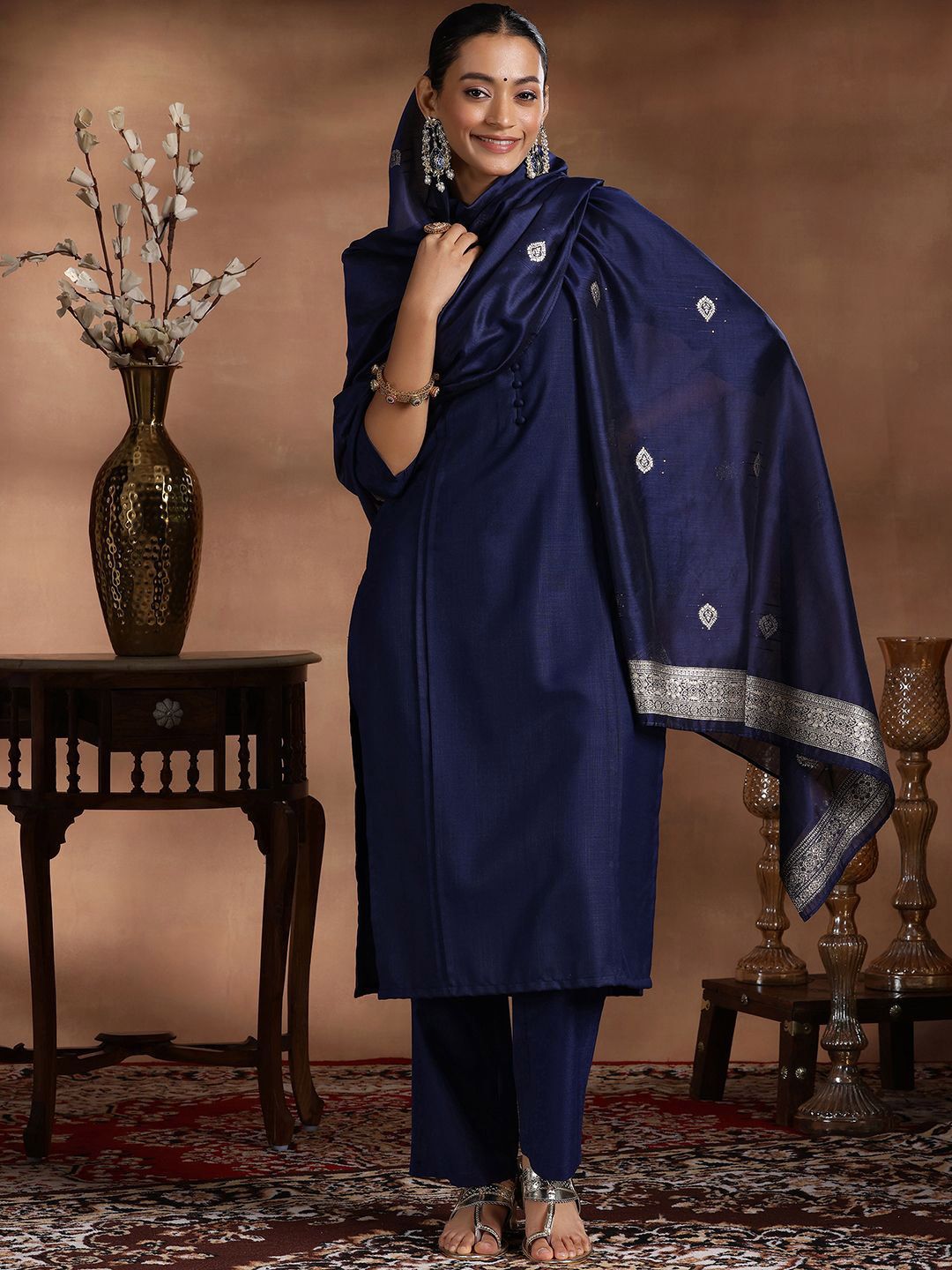 Libas Mandarin Collar Pleated Straight Kurta with Trousers & Dupatta