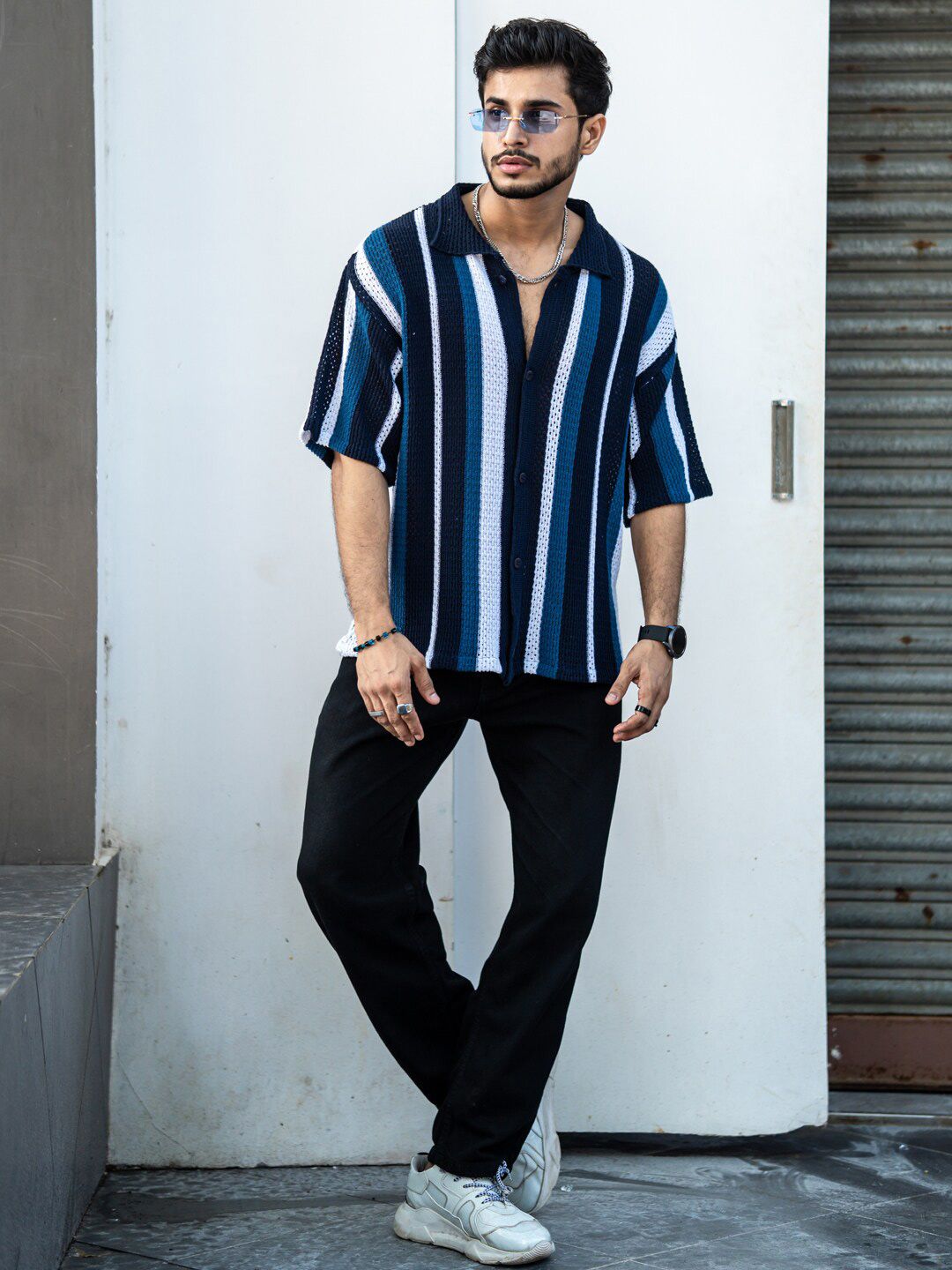 PowerlookIndia Slim Striped Oversized Casual Crochet Shirt