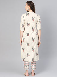 Libas Women Beige Ethnic Print Straight Kurta Set With Side Pockets