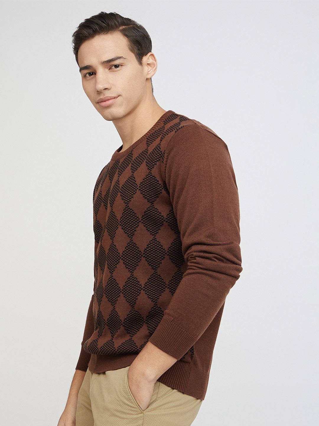 Raymond Men Brown & Black Geometric Patterned Pullover