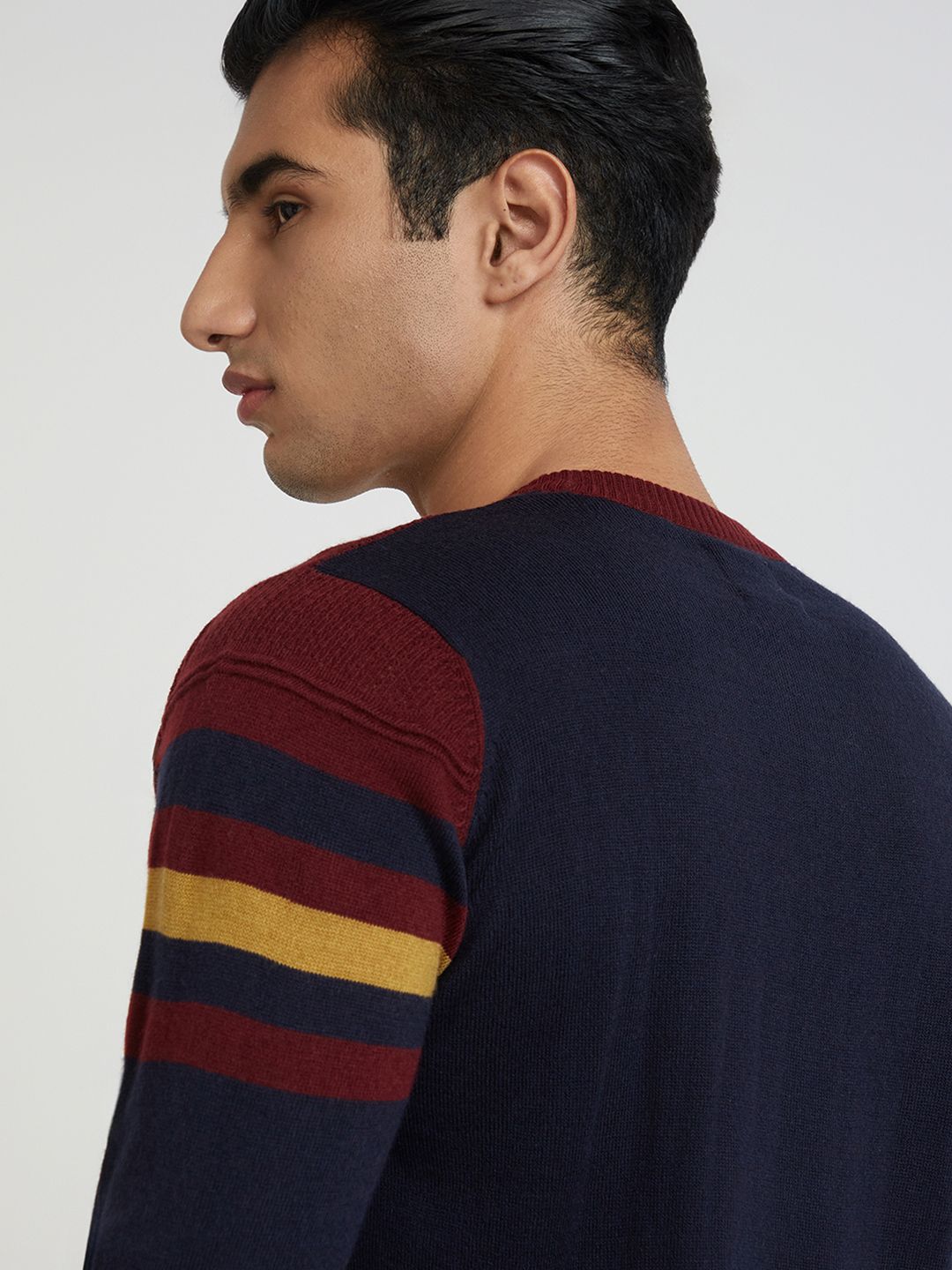 Raymond Men Navy Blue & Burgundy Striped Pullover