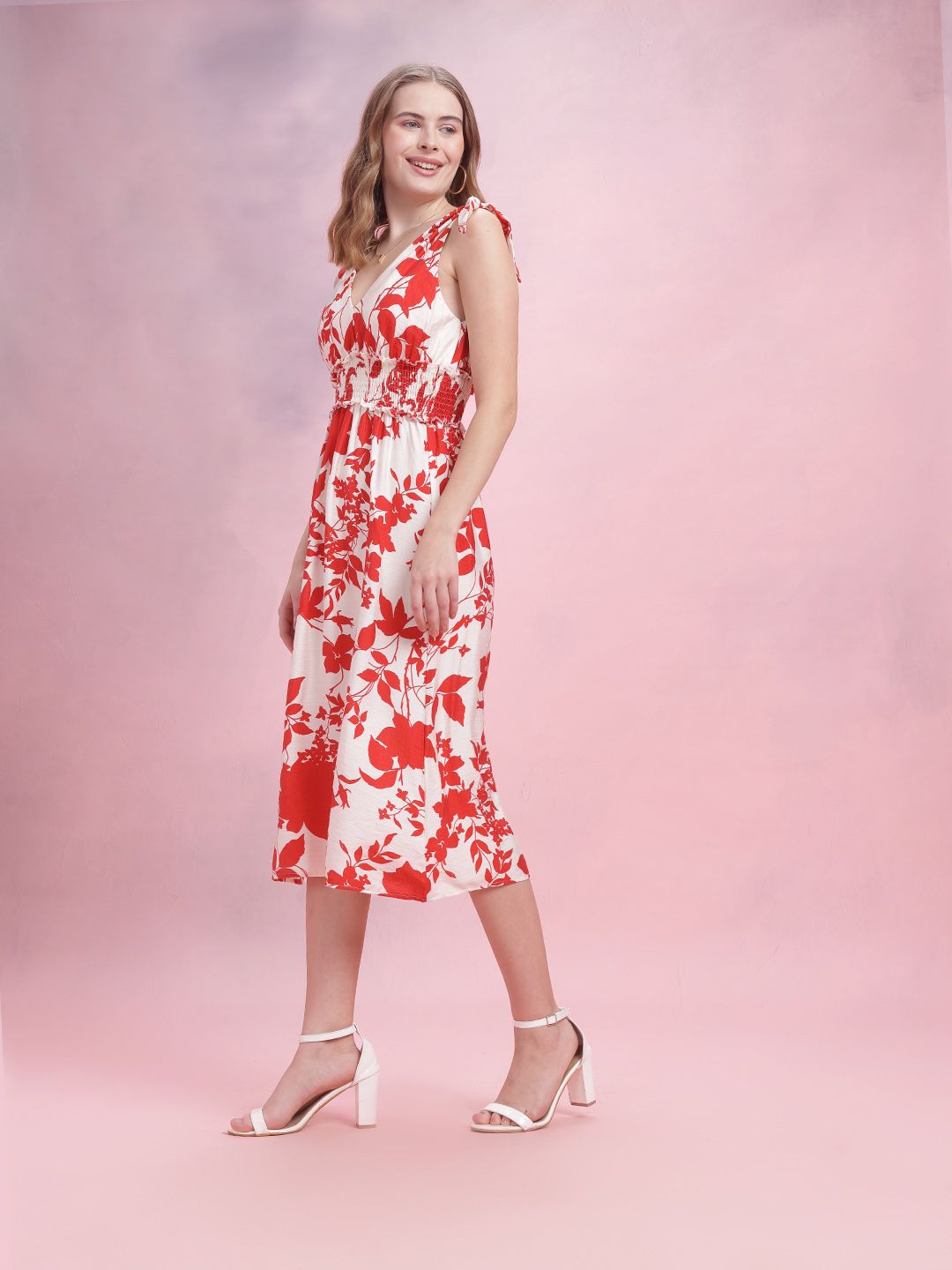 DressBerry Floral Print Smocked Midi A-Line Dress