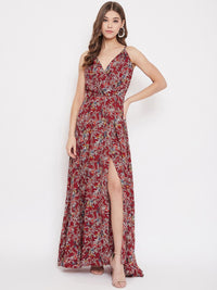 Berrylush Maroon Floral Printed Maxi Dress