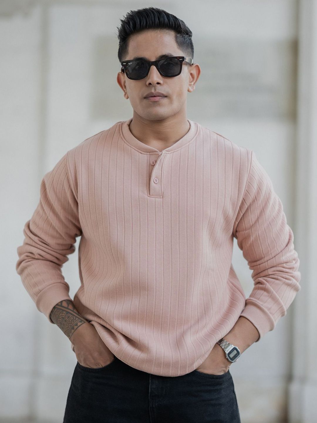 Powerlook Men Self Design Henley Neck Sweatshirt