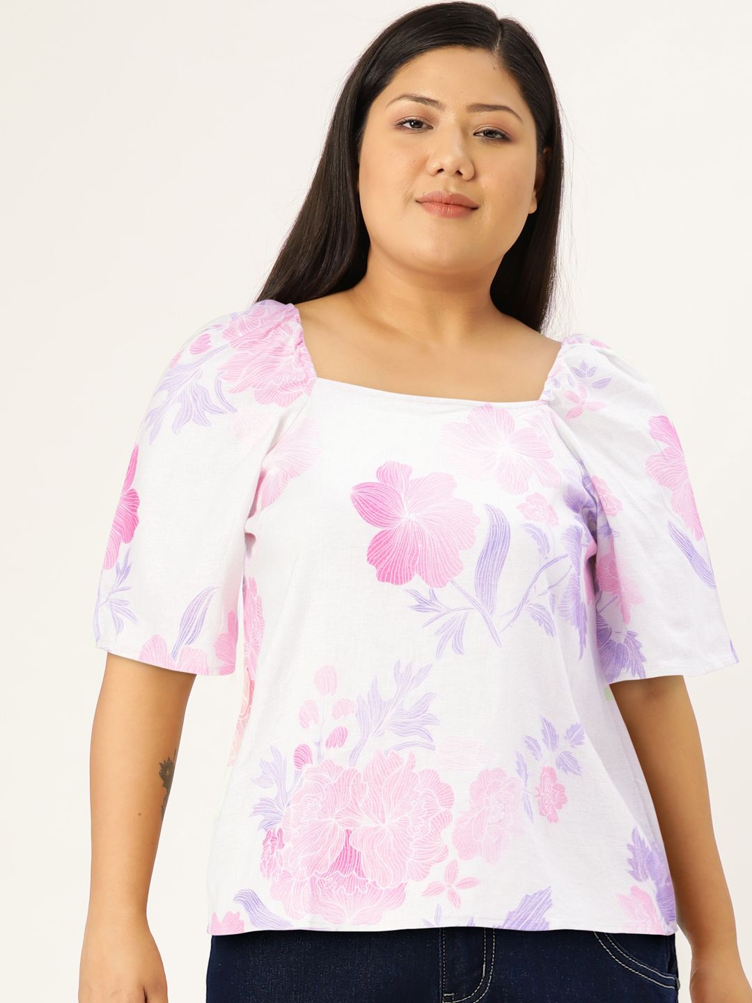 AND Floral Printed Puff Sleeves Linen Top