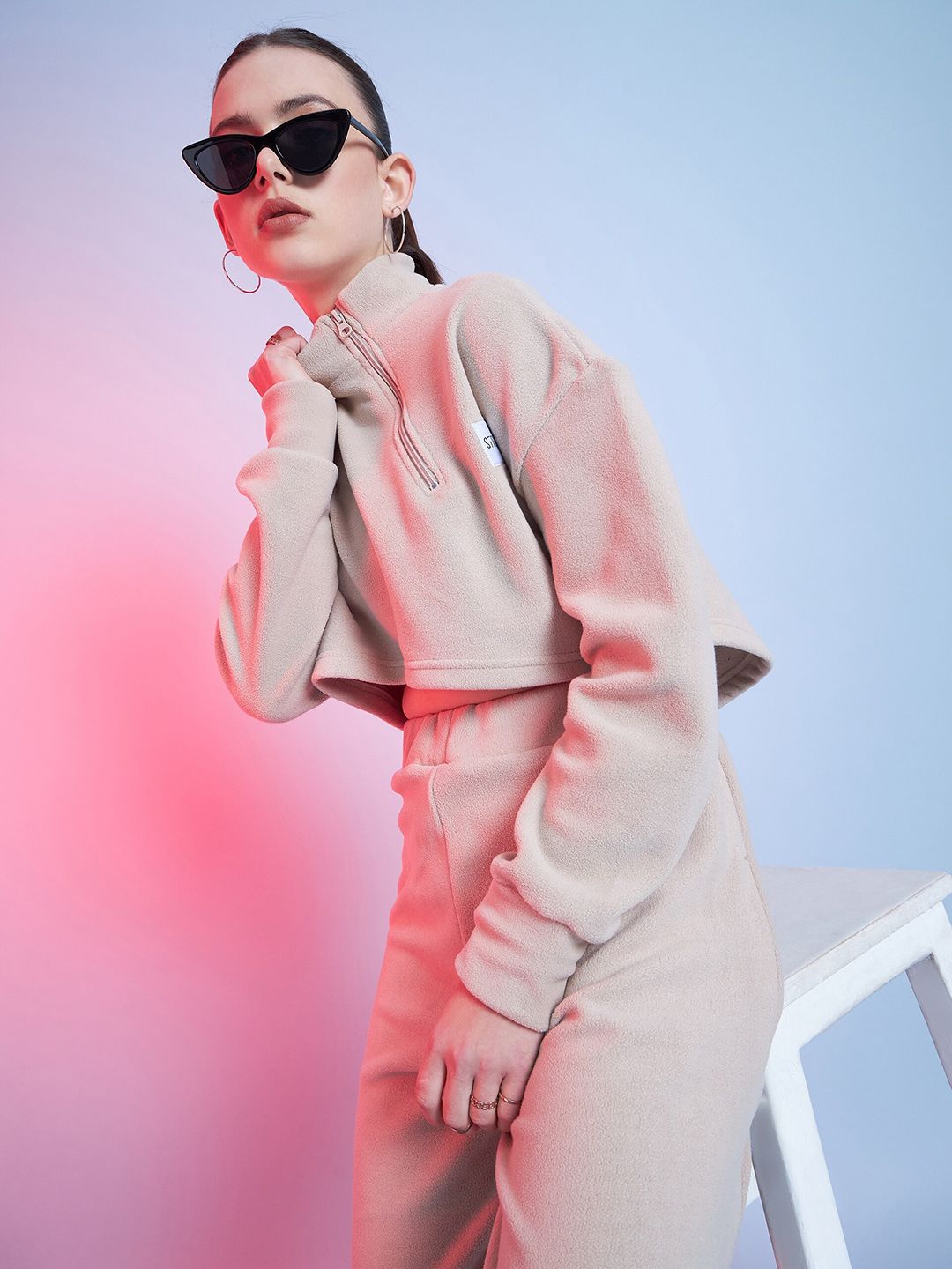 STREET 9 Beige Mock Collar Crop Sweatshirt