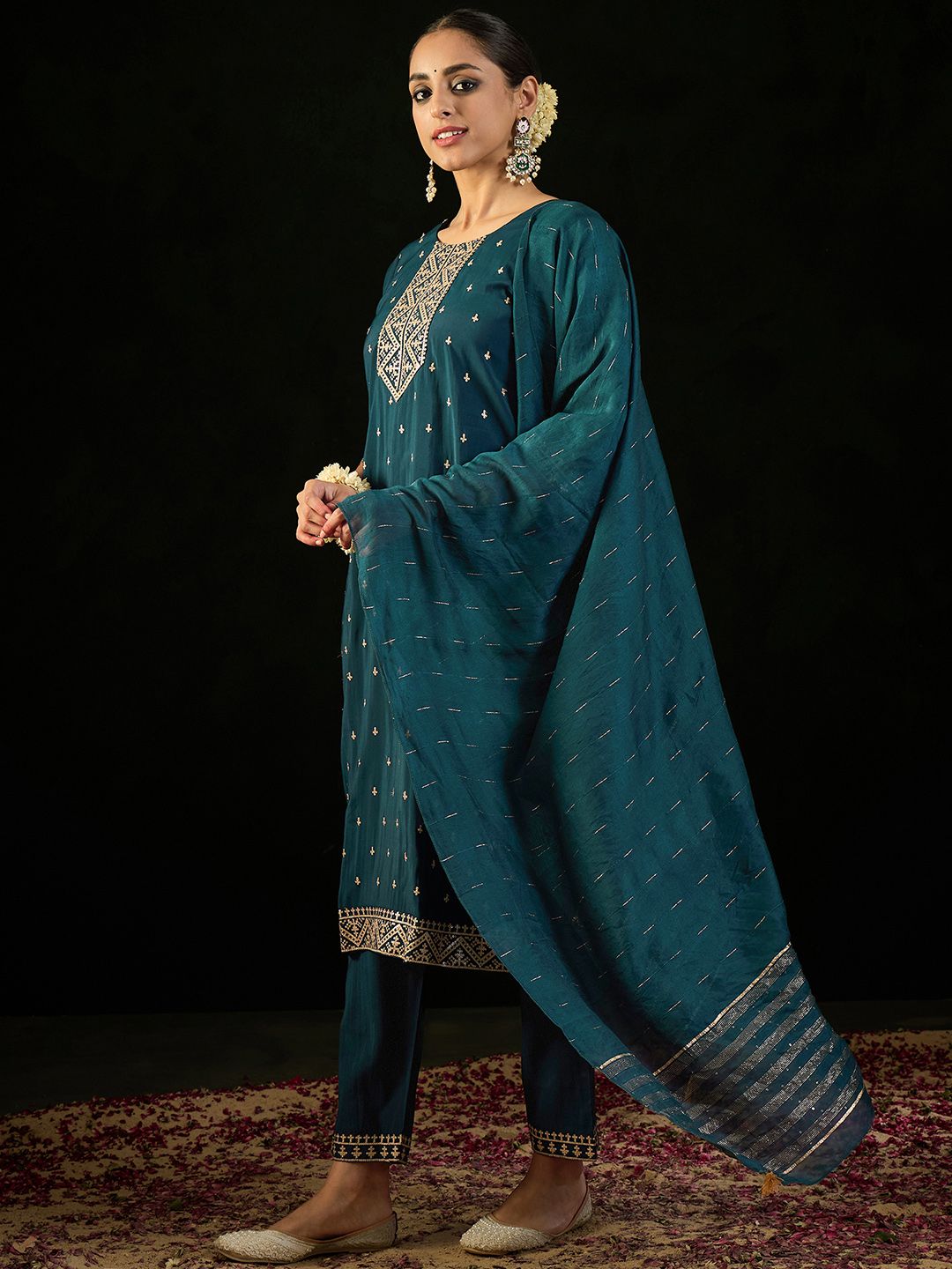 Indo Era Round Neck Embroidered Sequinned Chanderi Silk Kurta with Trouser & Dupatta