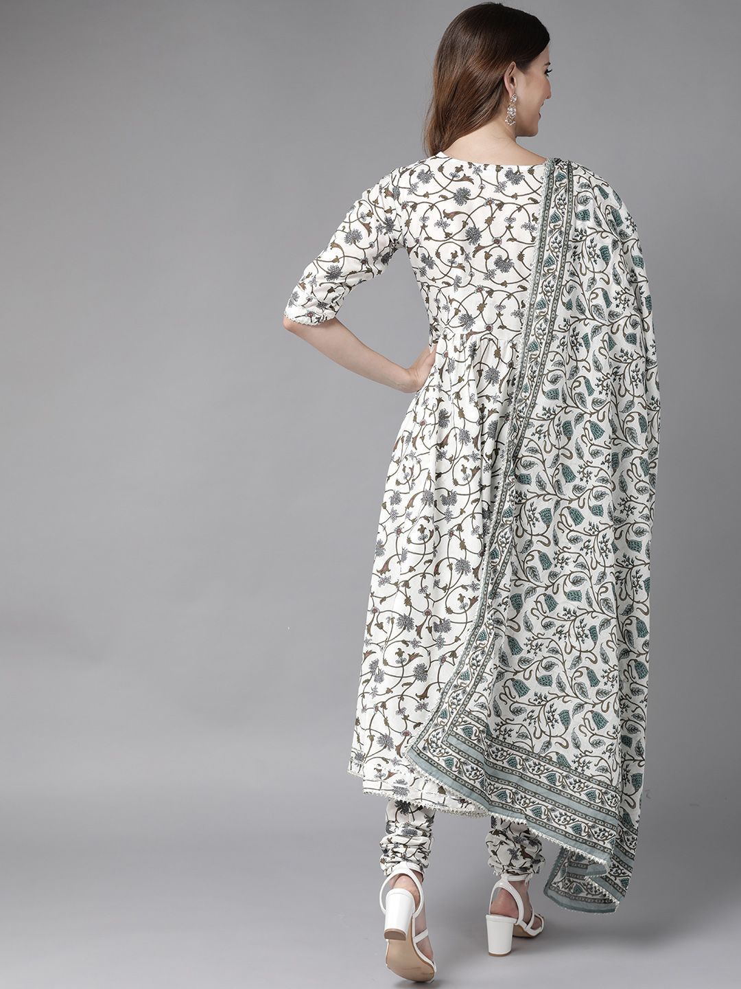 Libas Womens White Printed Cotton Anarkali Kurta With Churidar & Dupatta