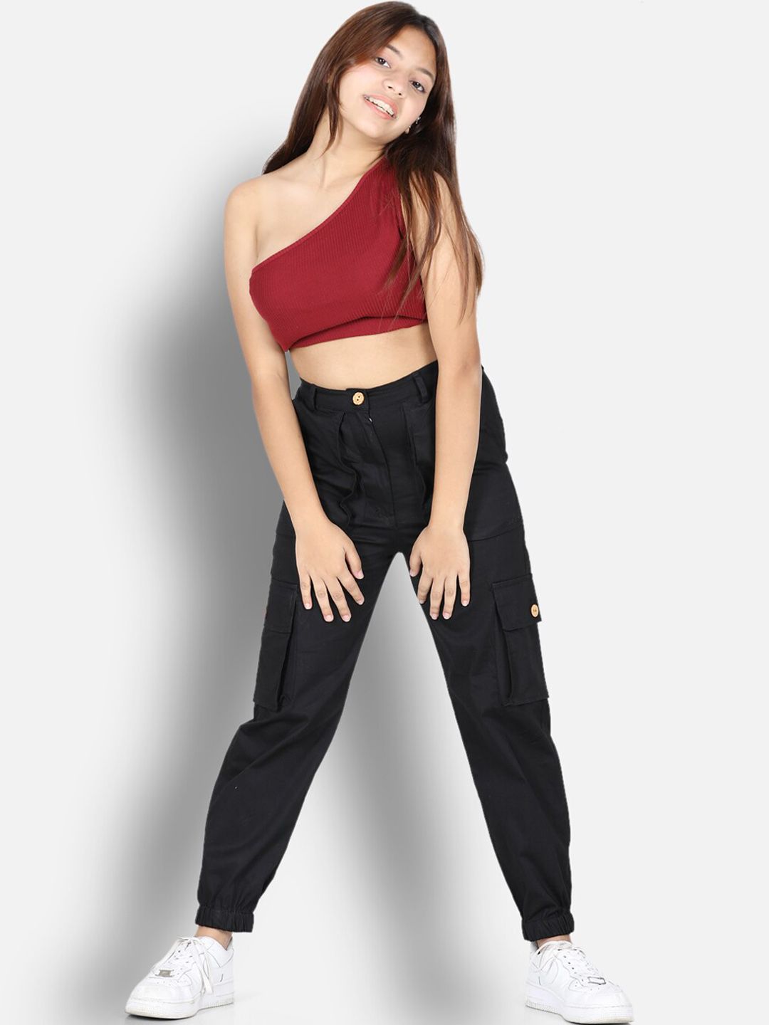 Cutiekins Girls Black High-Rise Cargos Trouser