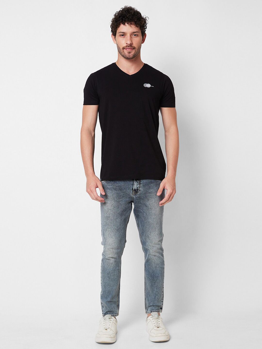 SPYKAR V-Neck Short Sleeves Cotton Typographic Print Slim Fit T-shirt