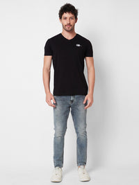 SPYKAR V-Neck Short Sleeves Cotton Typographic Print Slim Fit T-shirt