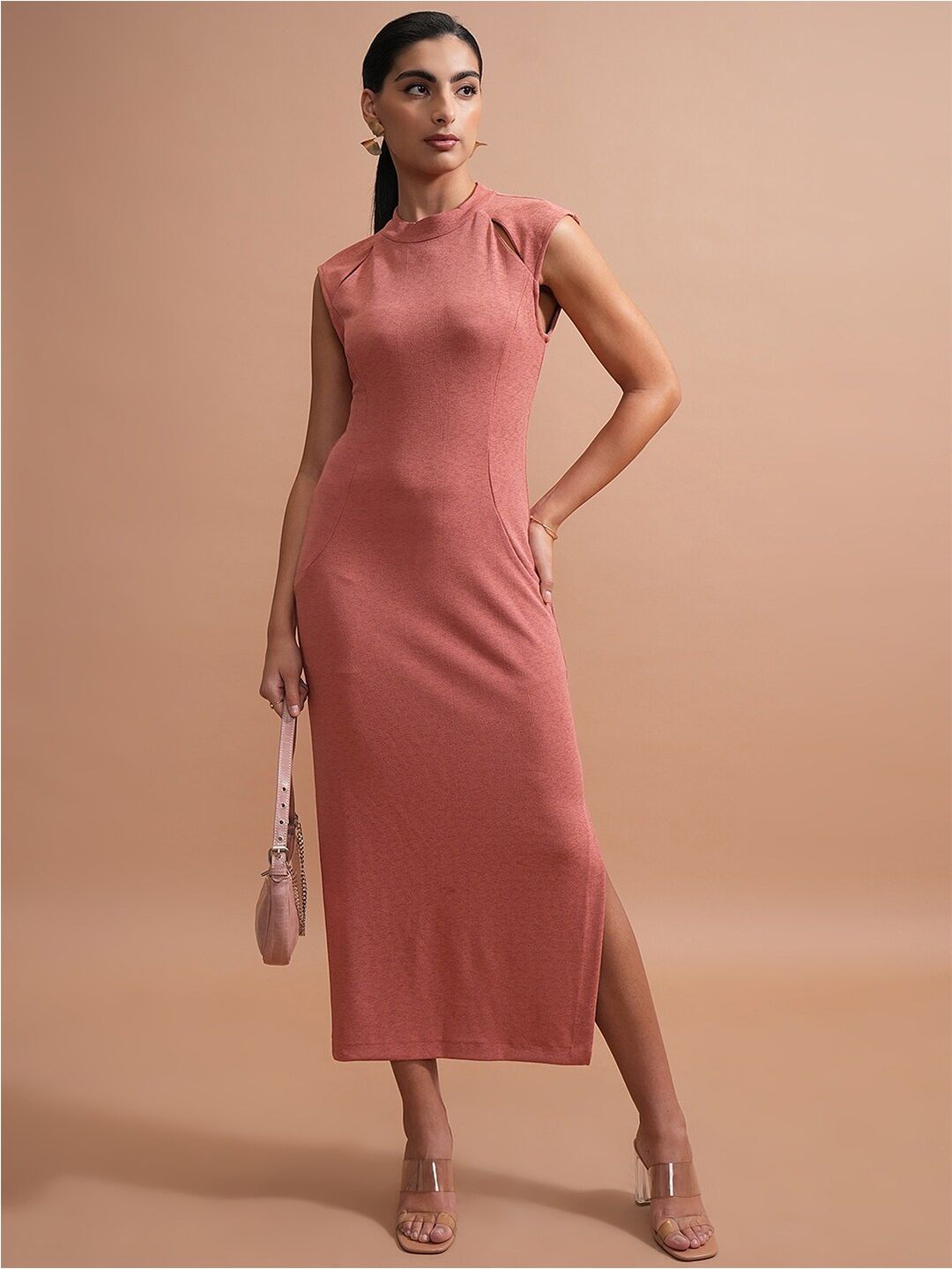 Tokyo Talkies Rose High Neck Sheath Midi Dress