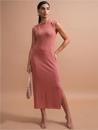 Tokyo Talkies Rose High Neck Sheath Midi Dress