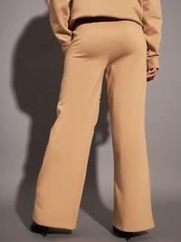 SASSAFRAS Women Beige Relaxed Fit Mid-Rise Typography Printed Fleece Track Pants