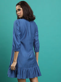 Vishudh Embroidered Tie-Up Neck Puff Sleeves Gathered A-Line Dress