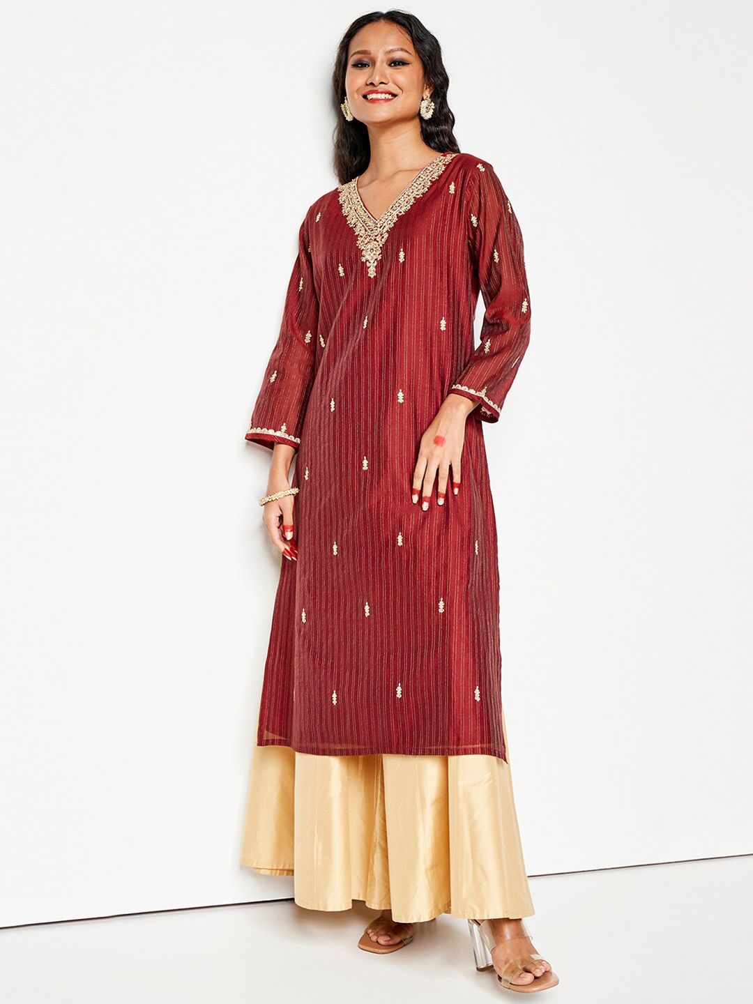 Global Desi V Neck Long Sleeves Yoke Design Rayon A Line Kurta