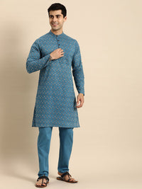 Anouk Men Blue Printed Pure Cotton Kurta with Trousers