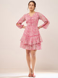 Antheaa Abstract Printed Puff Sleeves Gathered Layered Fit & Flare Dress