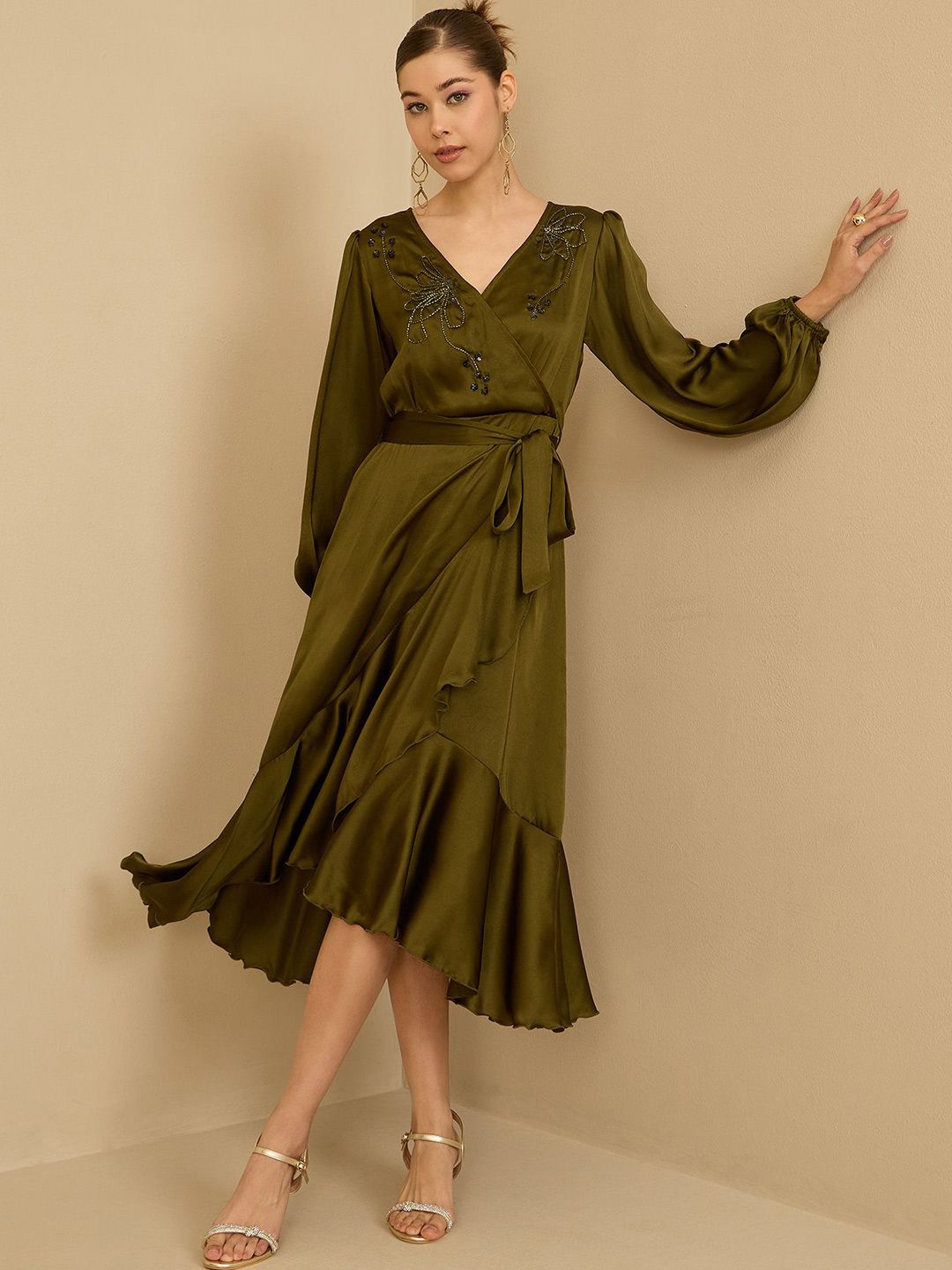 Antheaa Puff Sleeve Satin Embellished Wrap Midi Dress