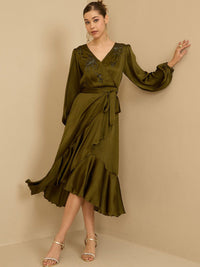 Antheaa Puff Sleeve Satin Embellished Wrap Midi Dress