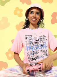 DILLINGER Pink & Black Printed Oversized Pure Cotton Longline T-shirt