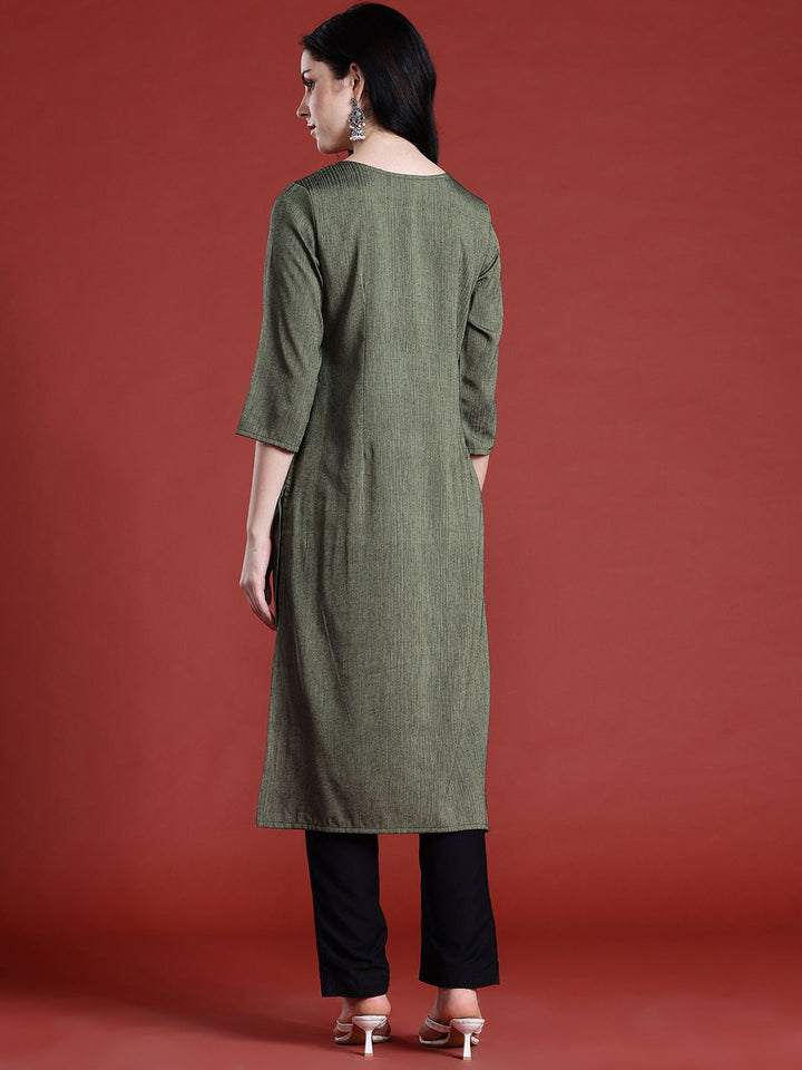 Anouk Thread Work Detail Calf Length Straight Kurta with Mock Buttons