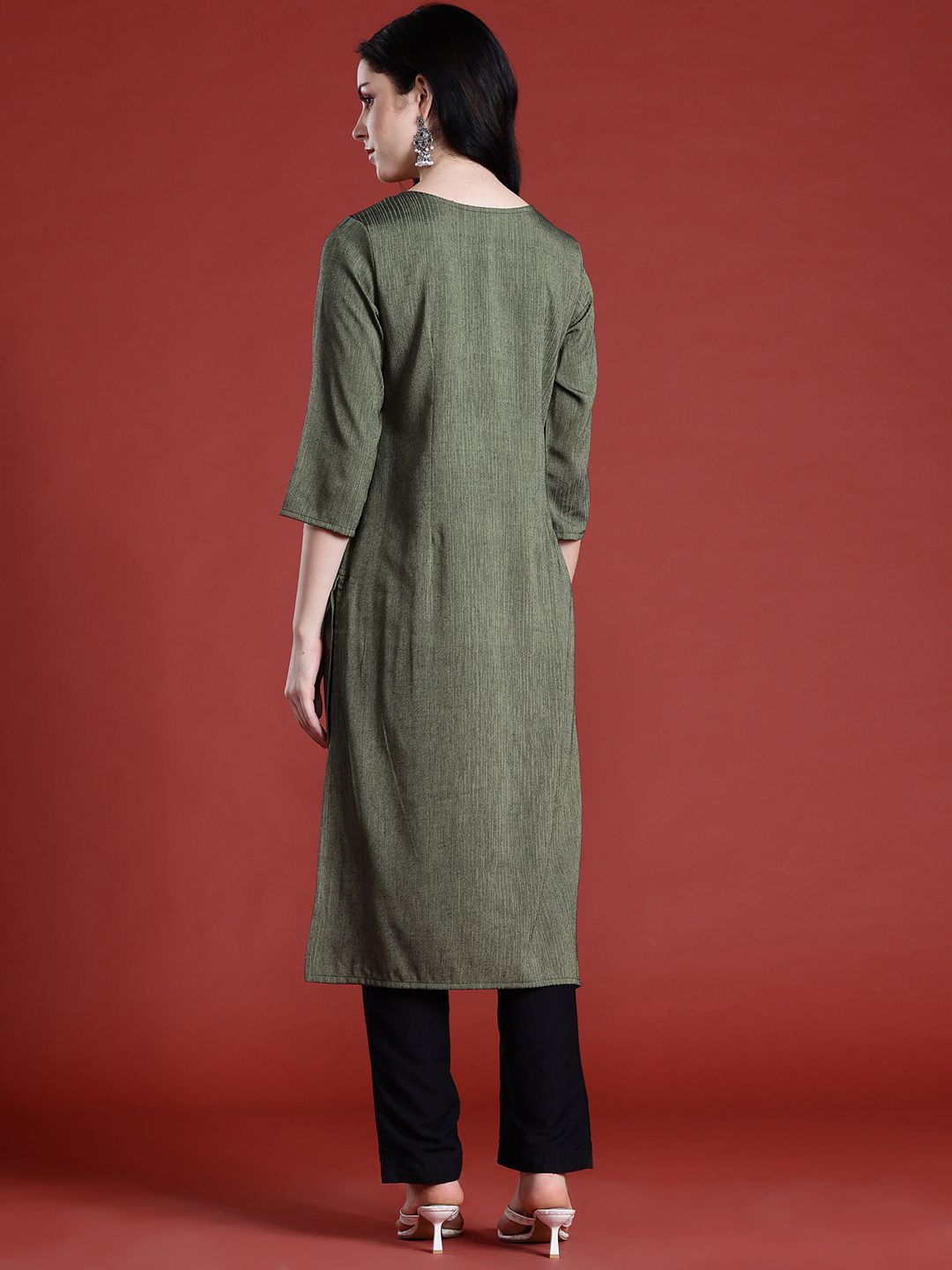 Anouk Thread Work Detail Calf Length Straight Kurta with Mock Buttons