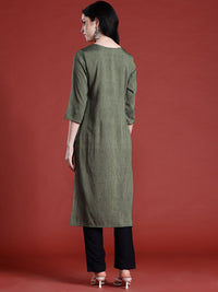 Anouk Thread Work Detail Calf Length Straight Kurta with Mock Buttons